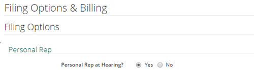 Screenshot of the Filing Options and Billing with personal rep at hearing selected