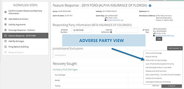 Screenshot of Add Exclusion options for Adverse Party View