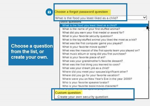Screenshot of the security questions