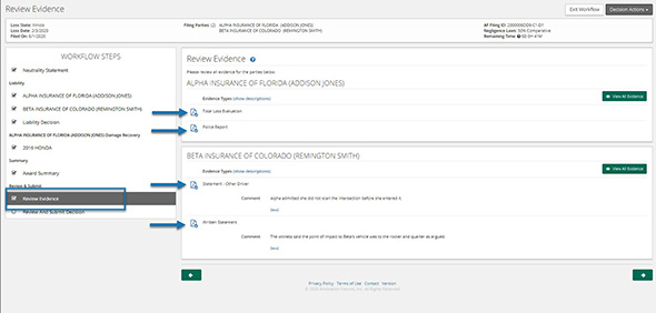 Screenshot of the Review Evidence section