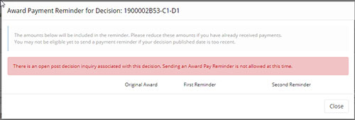 Screenshot of the Award Payment Reminder screen