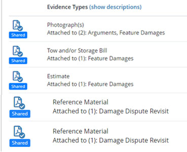 Screenshot of Evidence Types
