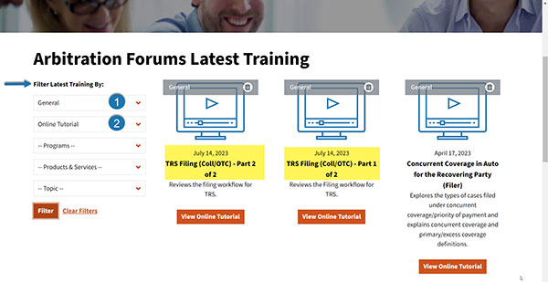 Screenshot of Training page with filter options noted