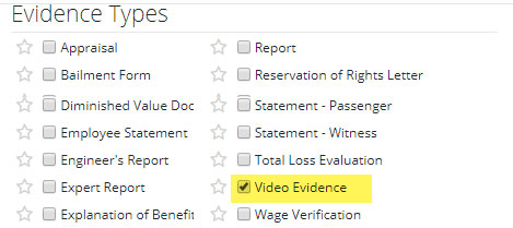 Screenshot of the evidence type options with video evidence selected
