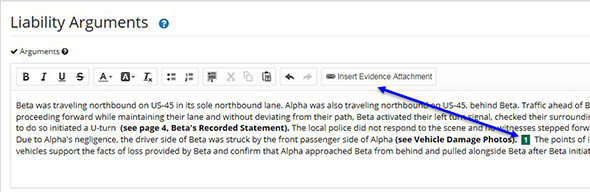Screenshot of the Liability Arguments tab with an evidence attachment highlighted