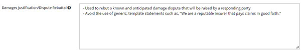 Screenshot of Damages Justification/Dispute Rebuttal