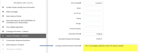 Screenshot of the damages justification field