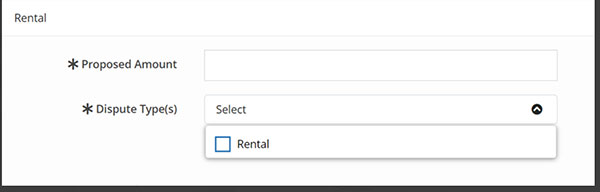 Screenshot of the Dispute Type drop down in the Rental section