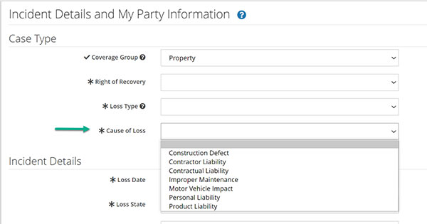 Screenshot of the Incident Details and My Party Information section with an arrow highlighting the Cause of Loss field