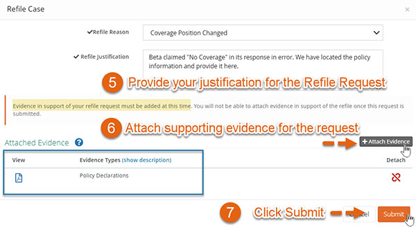 Screenshot of Steps 5 through 7 to request a refile