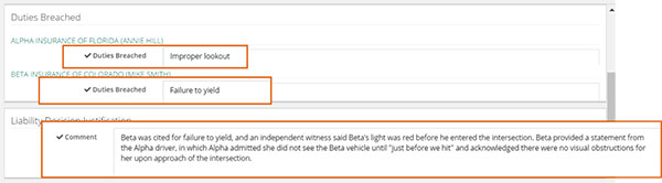 Screenshot of the Duties Breached tab with comments highlighted
