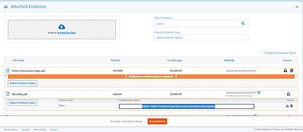 Screenshot of Attached Evidence section
