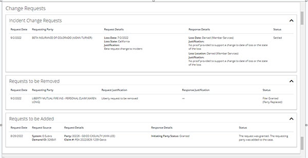 Screenshot of the Change Requests screen indicating all of the changes made on the filing