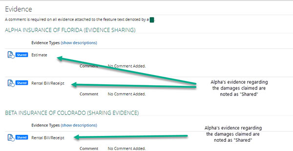 Screenshot of the Evidence screen showing the Shared indicator
