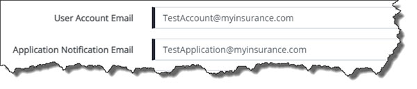 Screenshot of the User Account Email and Application Notification Email fields