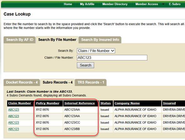 Screenshot of the Case Lookup screen showing the policy number and internal reference columns