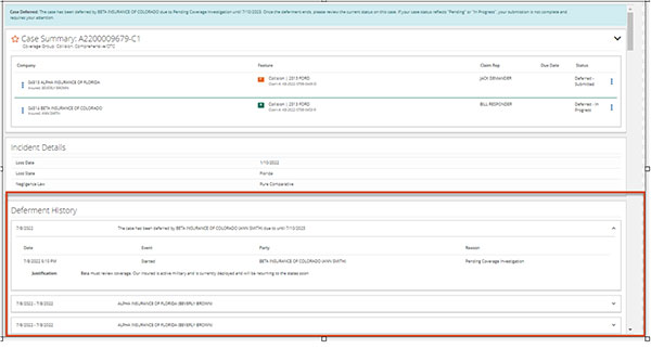 Screenshot of the Case Summary screen with the Deferment History section highlighted