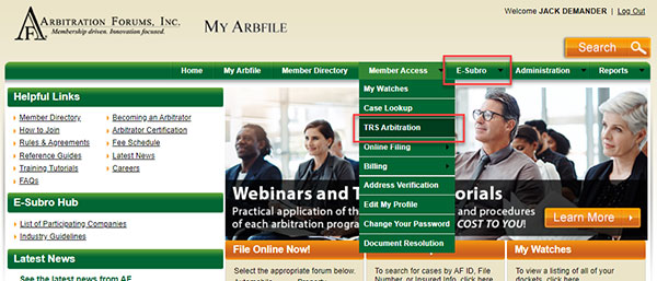 Screenshot showing My Arbfile menu before change