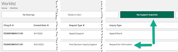 Screenshot of My Support Inquiries option