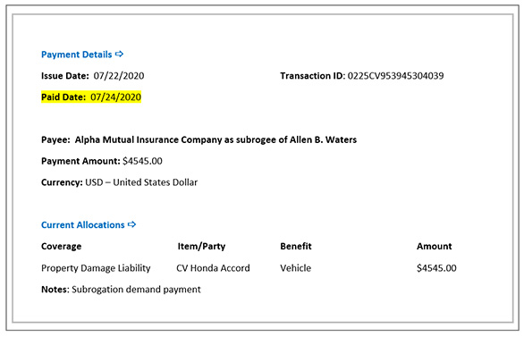 Screenshot of the payment details