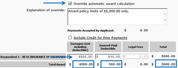 Screenshot showing the Override automatic award calculation option