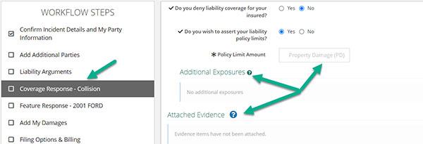 Screenshot of the Coverage Response tab with arrows pointing to the Additional Exposures and Evidence sections