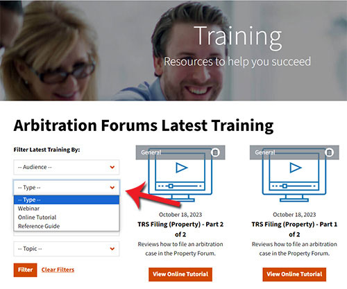 Screenshot of Training page with filter options noted