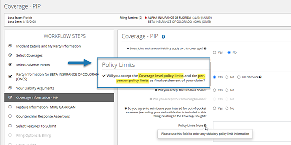 Image of the Coverage PIP tab highlighting Policy Limits