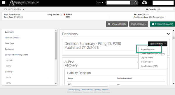 Screenshot of The Decisions section with a highlighting box around the Appeal Decision option under the Decision Actions menu dropdown