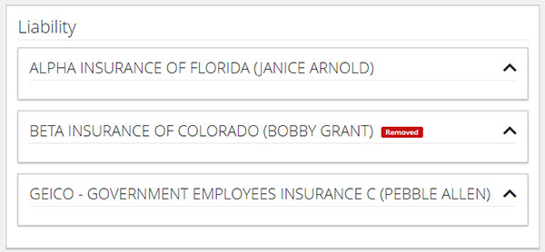 Screenshot of Liability section showing a red removed tag next to the company that has been removed