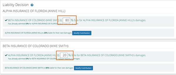 Screenshot of Liability Decision tab with 80%25 and 20%25 highlighted for different companies