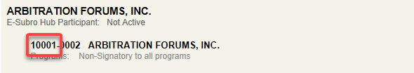 Screenshot of the listing for Arbitration Forums, Inc. company code in the directory