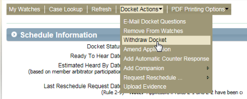 Screenshot of the Withdraw Docket option under Docket Actions